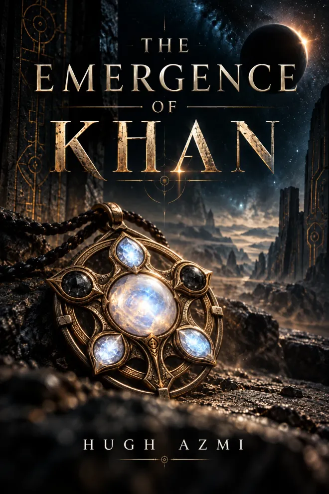 The Emergence of Khan, by Hugh Azmi: an illuminated amulet among ancient stonework beneath a night sky