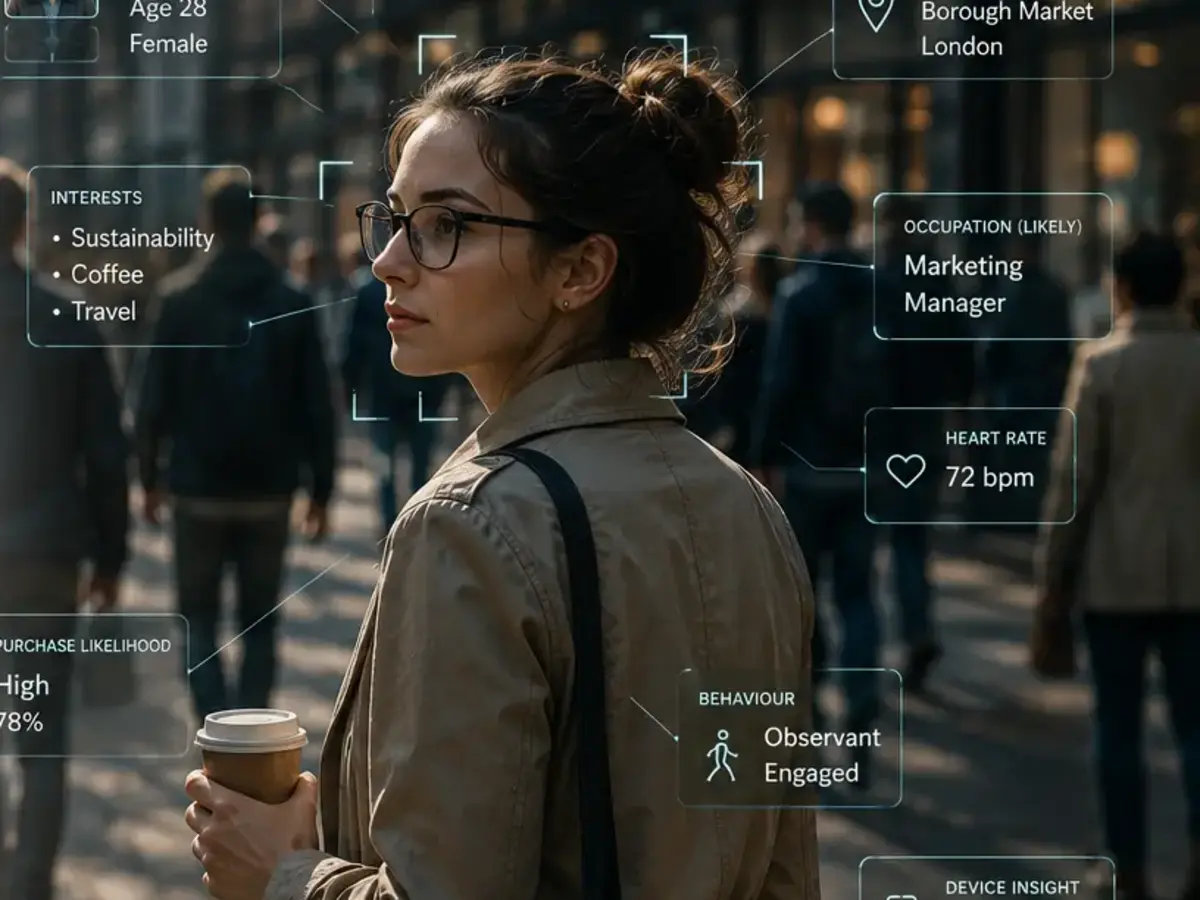 A woman in a public place surrounded by inferred AI data labels