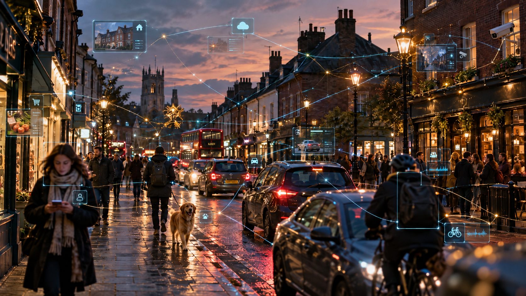 A busy British high street at dusk with traffic, pedestrians and glowing digital connections linking homes, shops and services