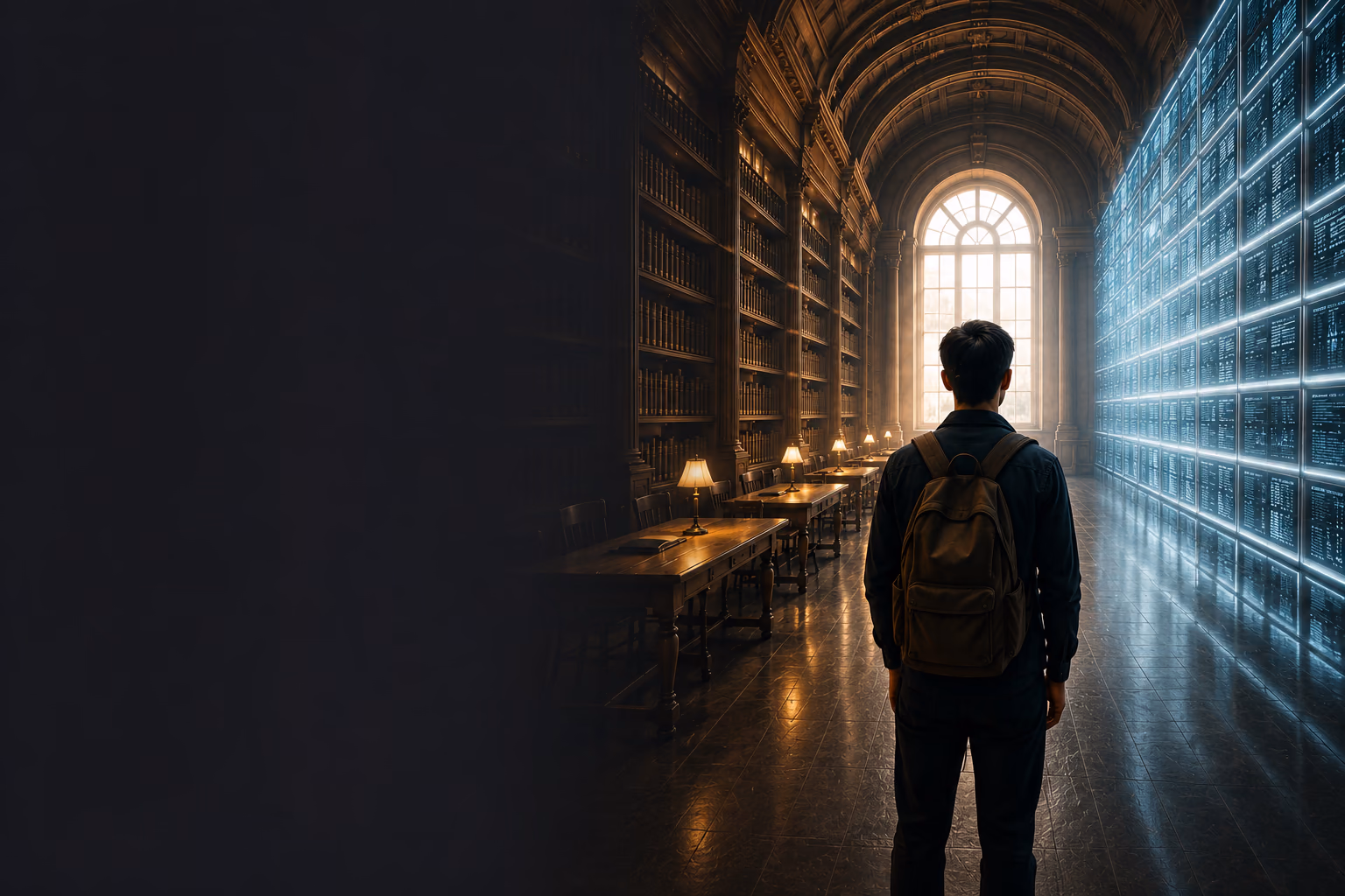 A person standing between a traditional library and a wall of artificial intelligence systems