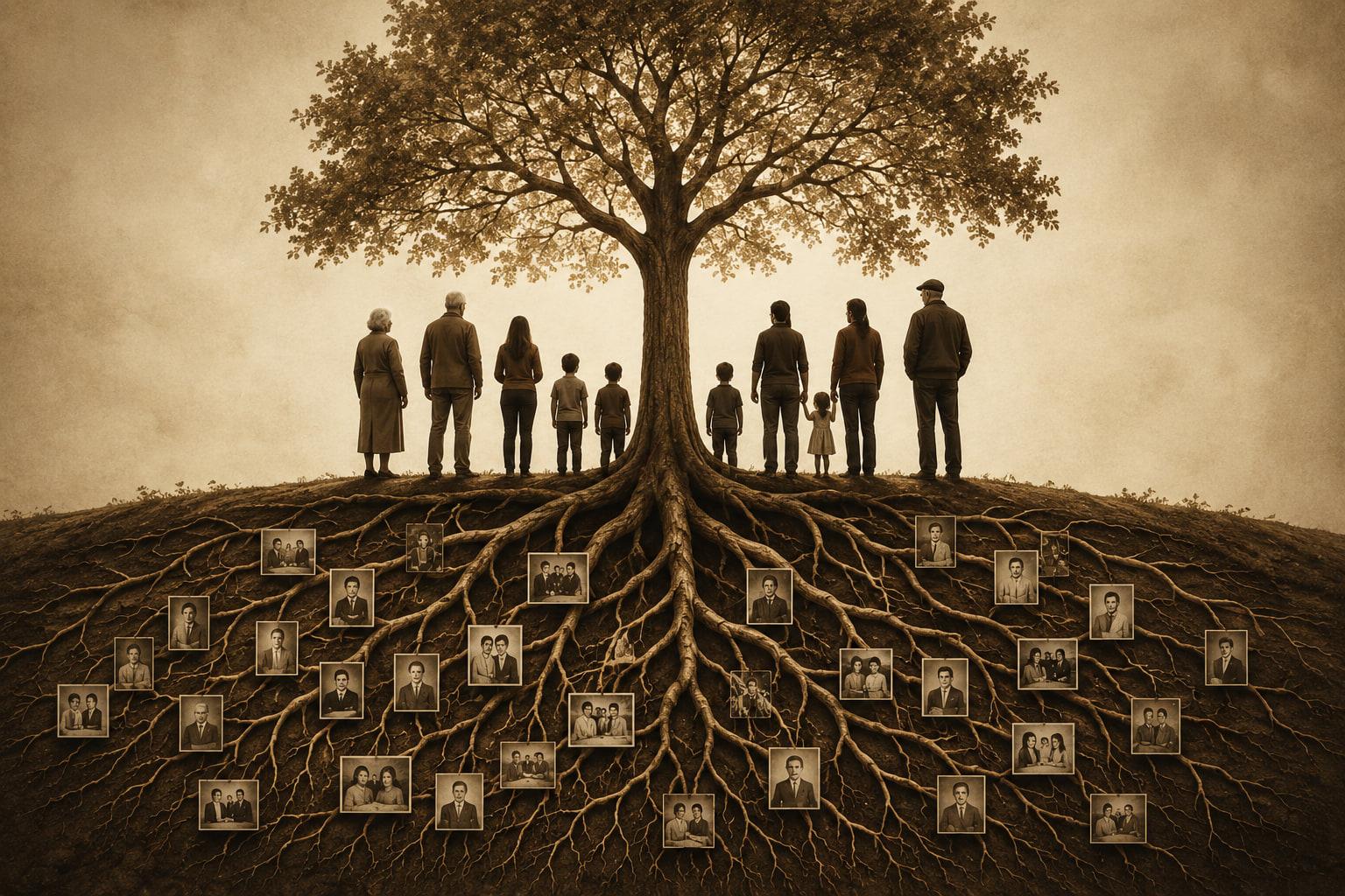 Several generations of a family standing beneath a large tree