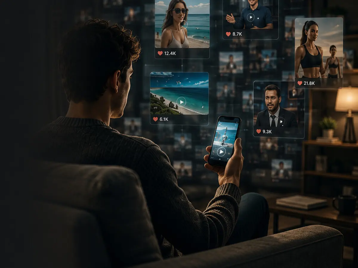 A person watching a stream of apparently human social-media creators
