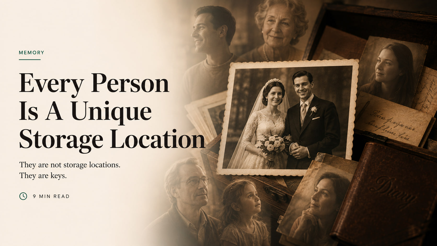 A vintage wedding photograph surrounded by different generations, family portraits and handwritten keepsakes