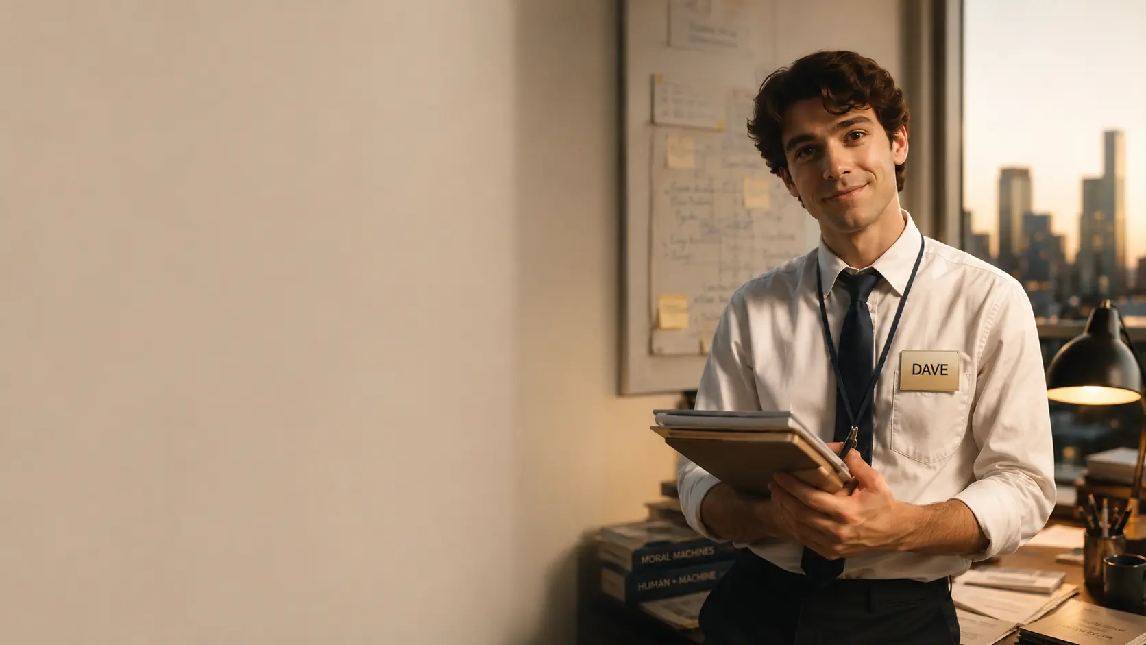 Dave, a young AI advocate and guide, standing in a warm office with papers in his hands