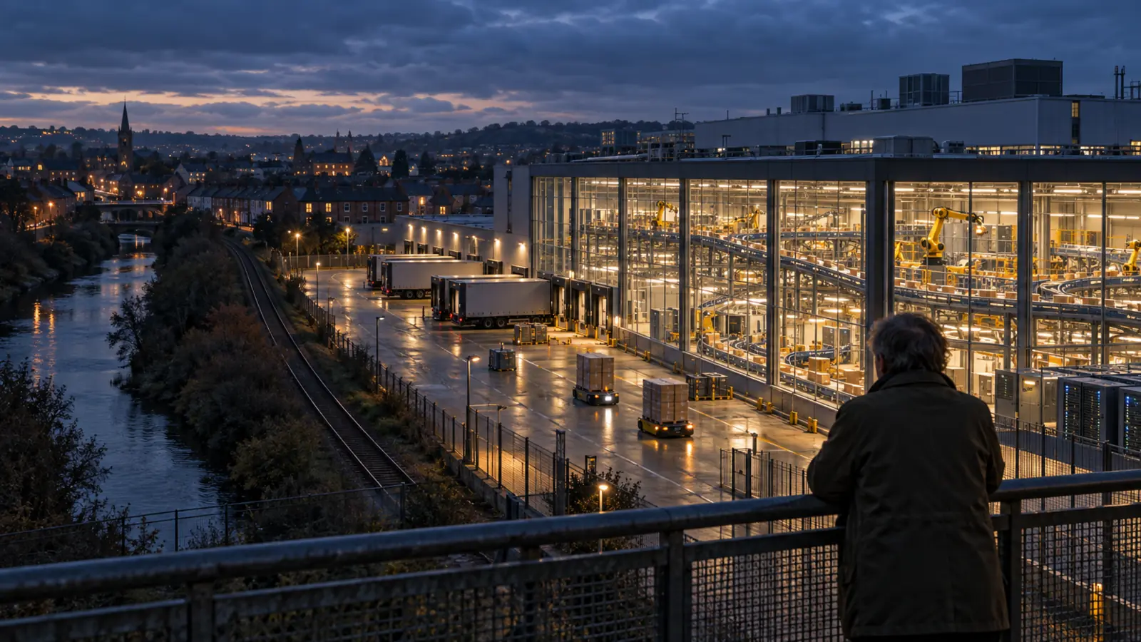 An automated factory and distribution network operating beside a British town at dusk