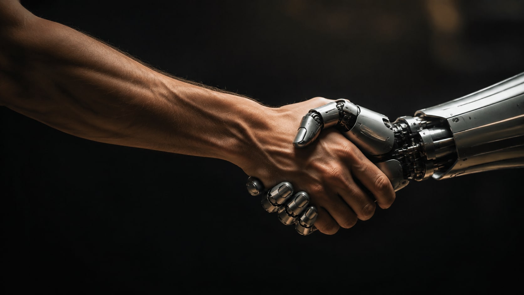 A human hand shaking a robotic hand, representing the shift from personal trust to technological verification