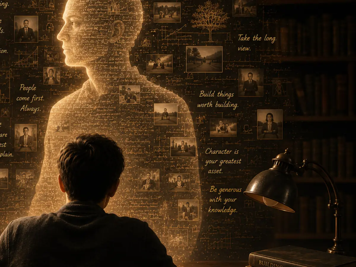 The First Generation To Inherit AI editorial illustration showing a young person consulting an inherited archive of accumulated understanding