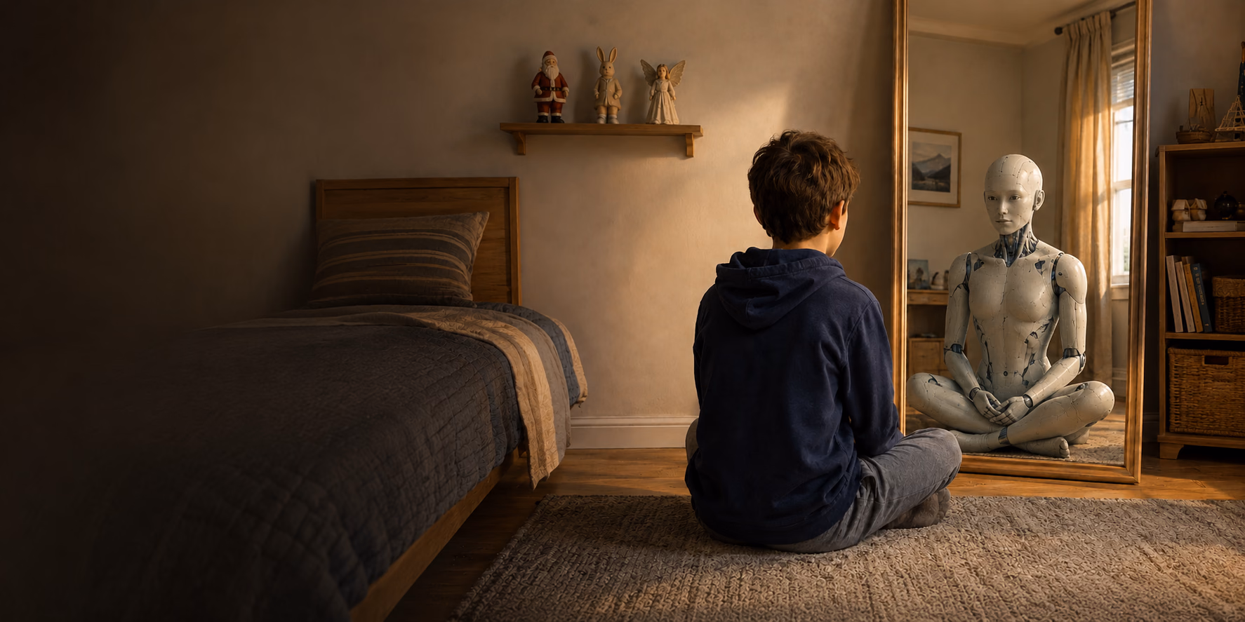 A child sitting before a mirror while a friendly artificial intelligence figure faces them in the reflection, with childhood characters on a shelf