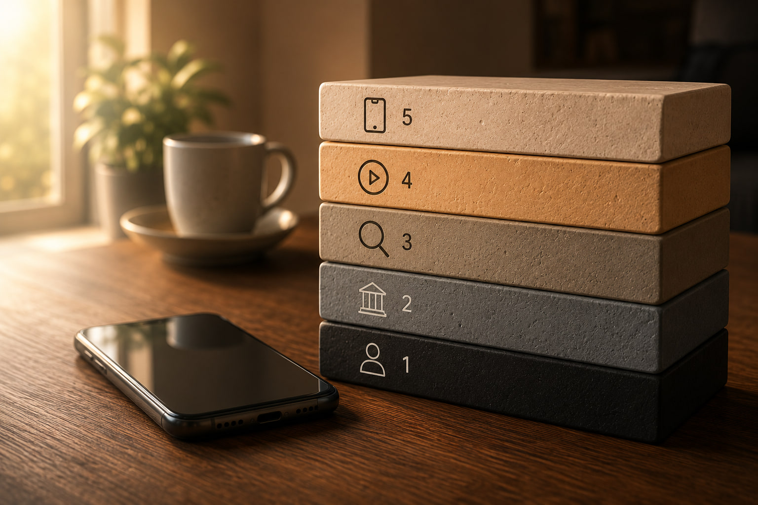 Five stacked blocks representing the five layers of connection beside a smartphone