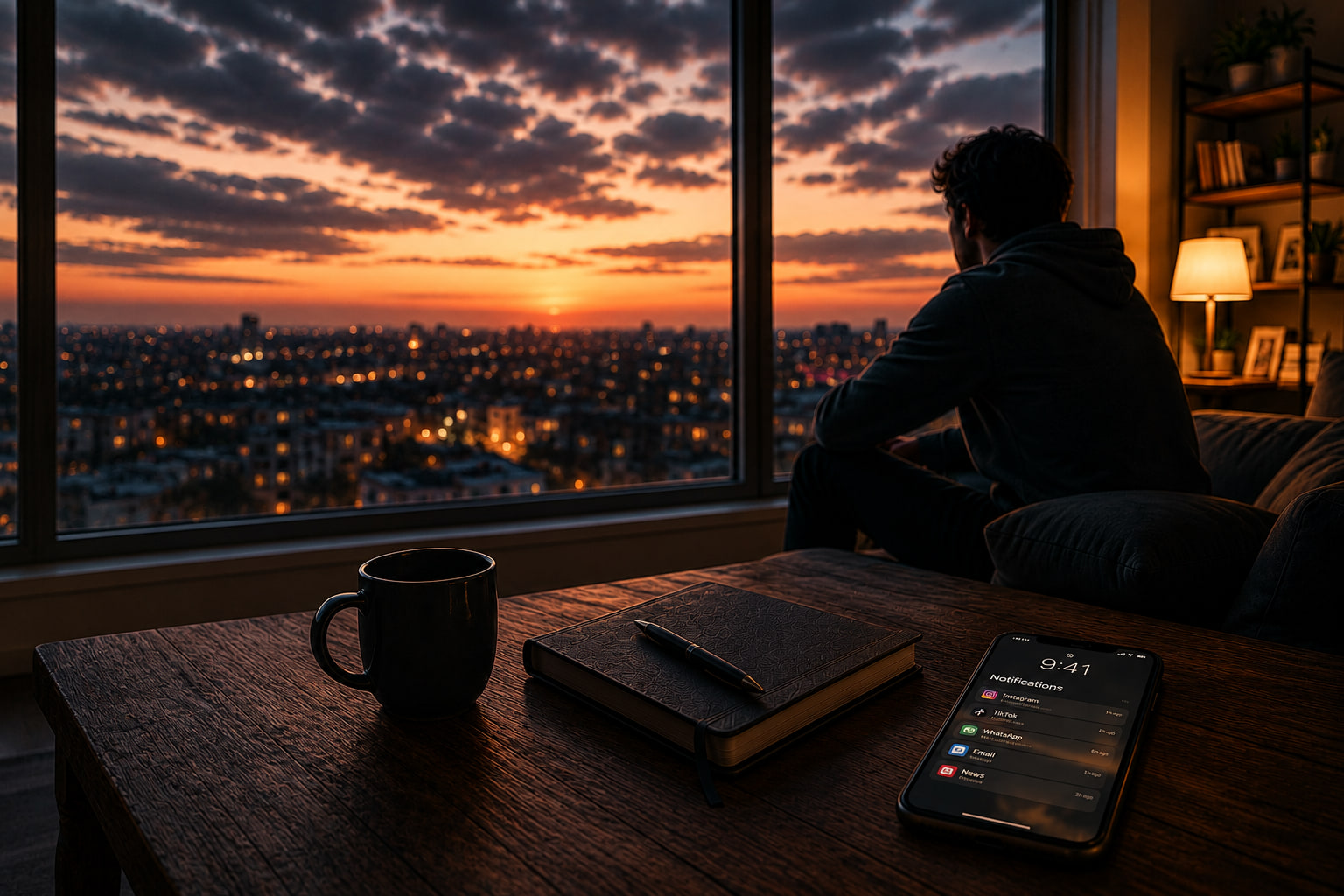 A person looking across a city while a smartphone rests nearby
