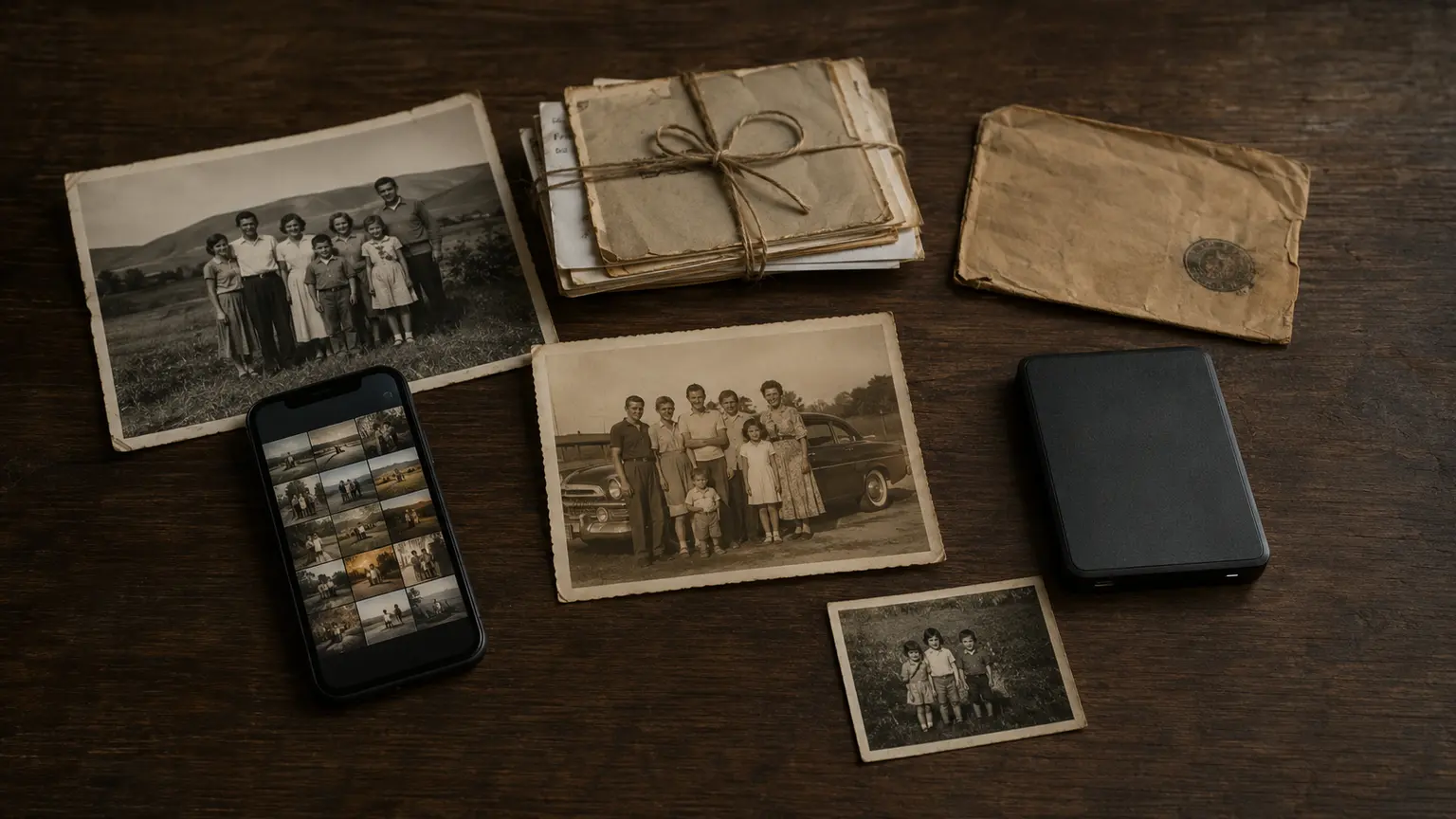 Vintage family photographs, letters, a smartphone and a hard drive dispersed across a dark wooden table