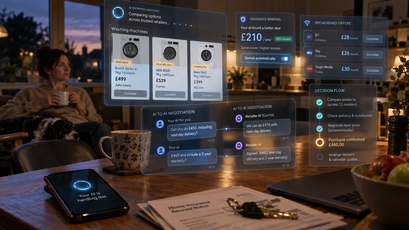 A woman at home while her AI compares washing machines, insurance and broadband offers and negotiates a purchase