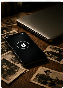A locked smartphone beside a laptop and old family photographs