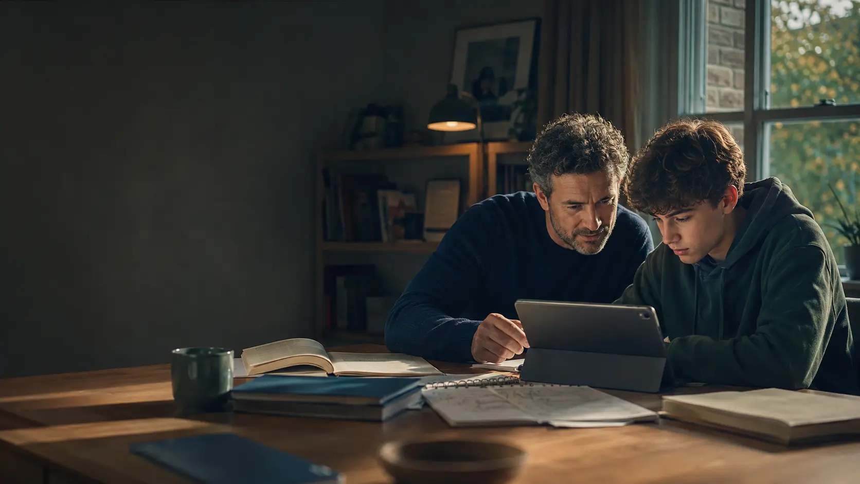 A parent guiding a teenage learner using an AI-supported learning tool at home