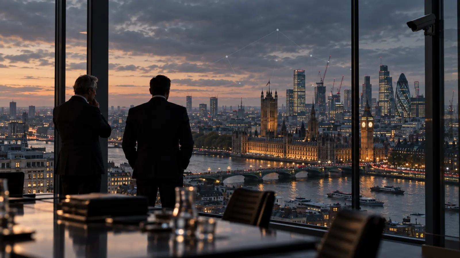 Two executives overlooking Westminster and the City of London as a surveillance camera watches from above