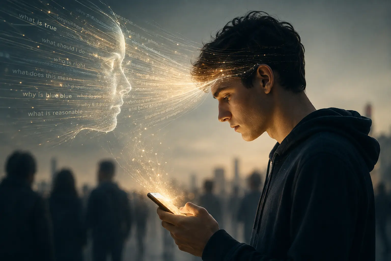 A young man looking at his phone as an artificial intelligence presence streams language and light towards him