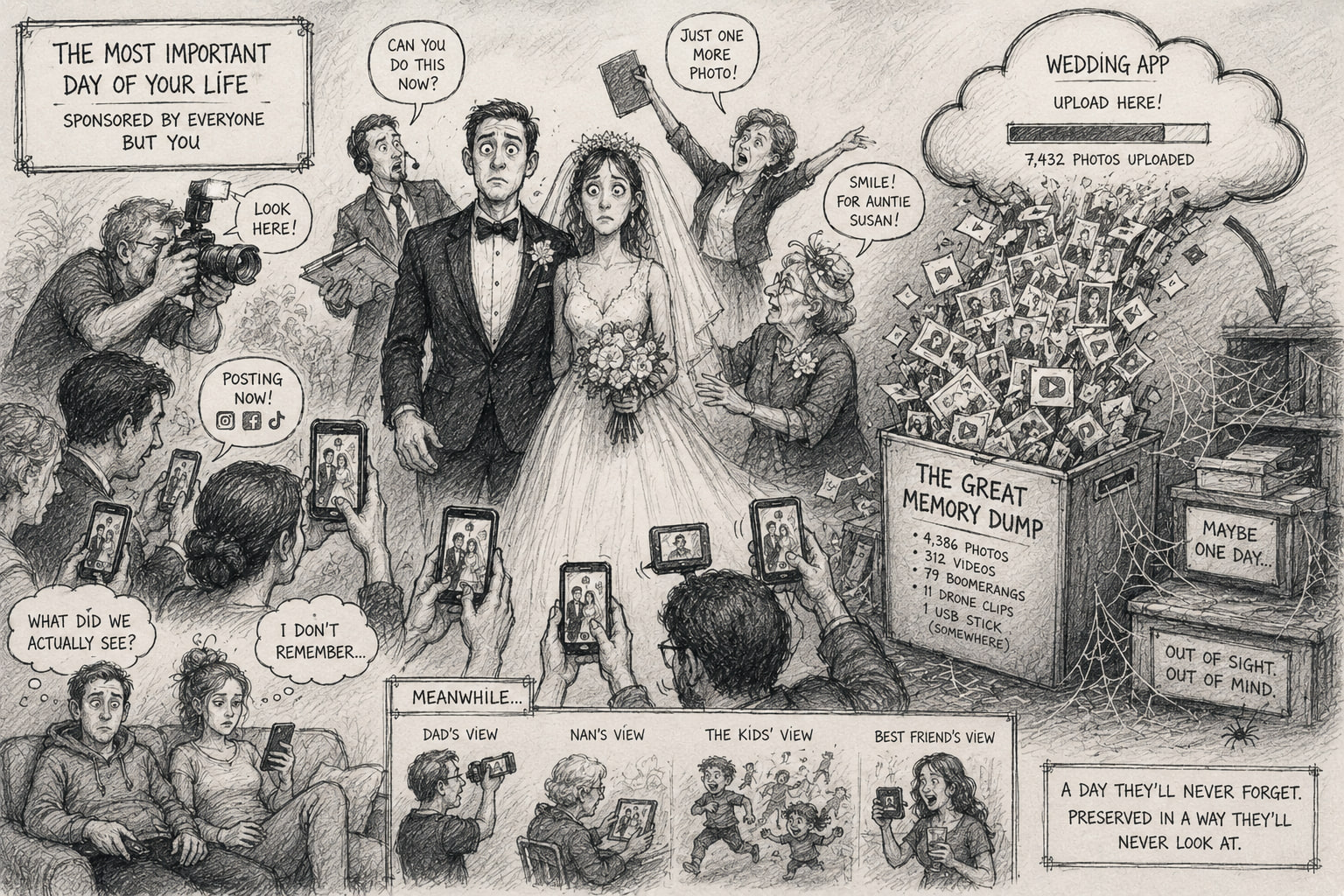 A wedding album and photographs representing memories from a wedding day