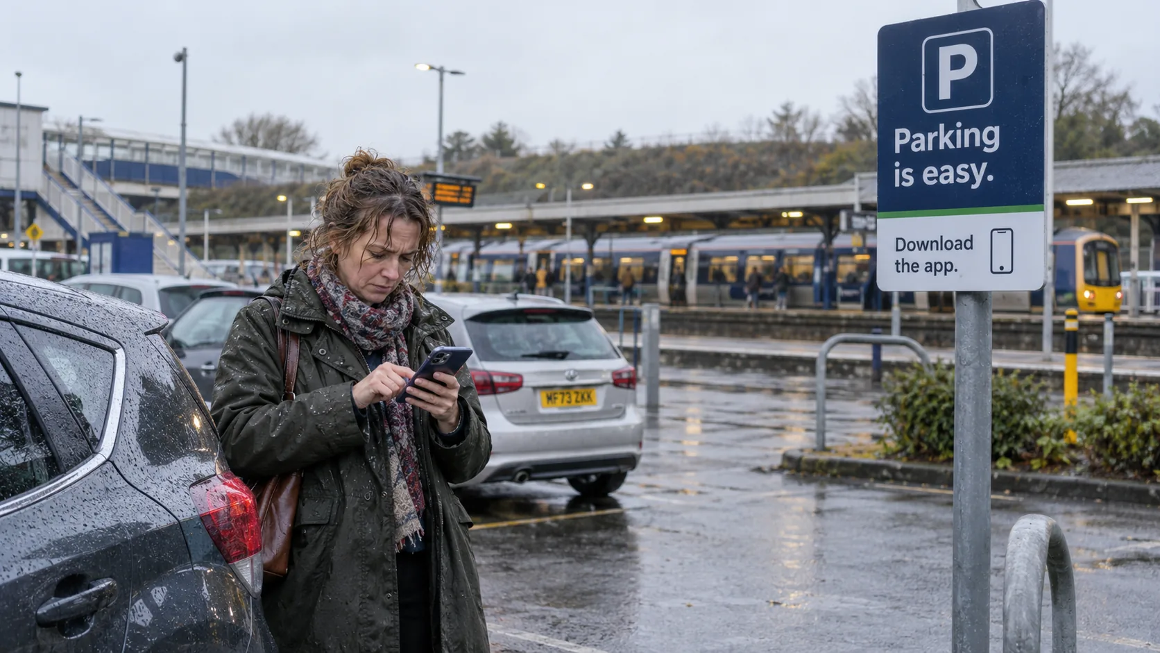 A woman tries to pay for parking on her phone in a rainy railway station car park beside a sign reading “Parking is easy. Download the app.”