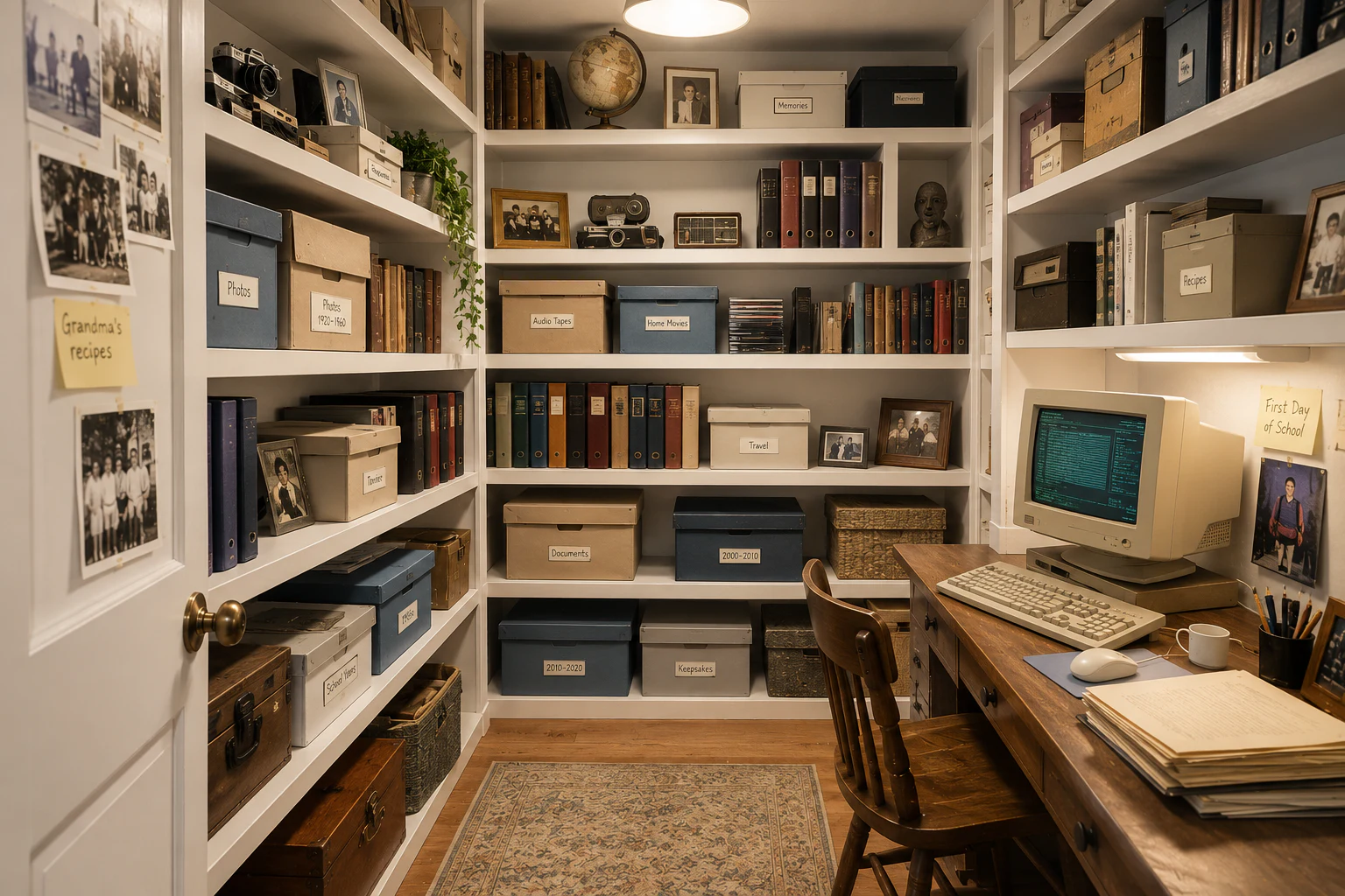 A carefully organised family archive room filled with labelled photographs, tapes, documents, keepsakes and a home computer