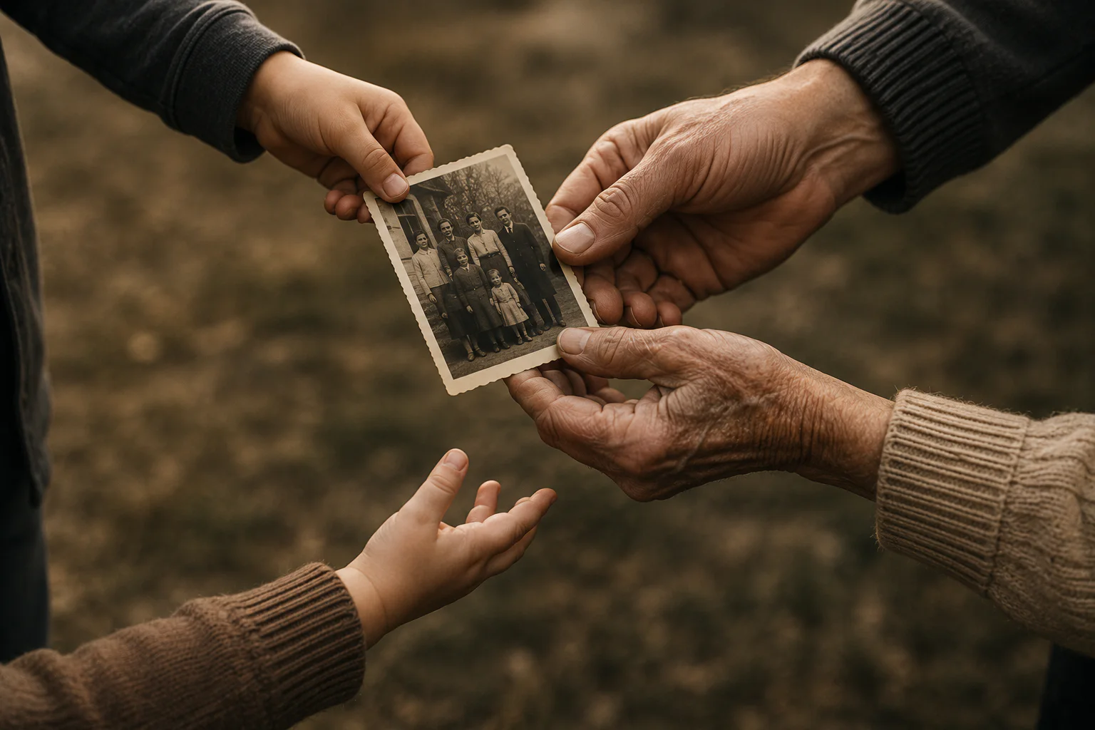 Hands from three generations passing an old family photograph from one person to another