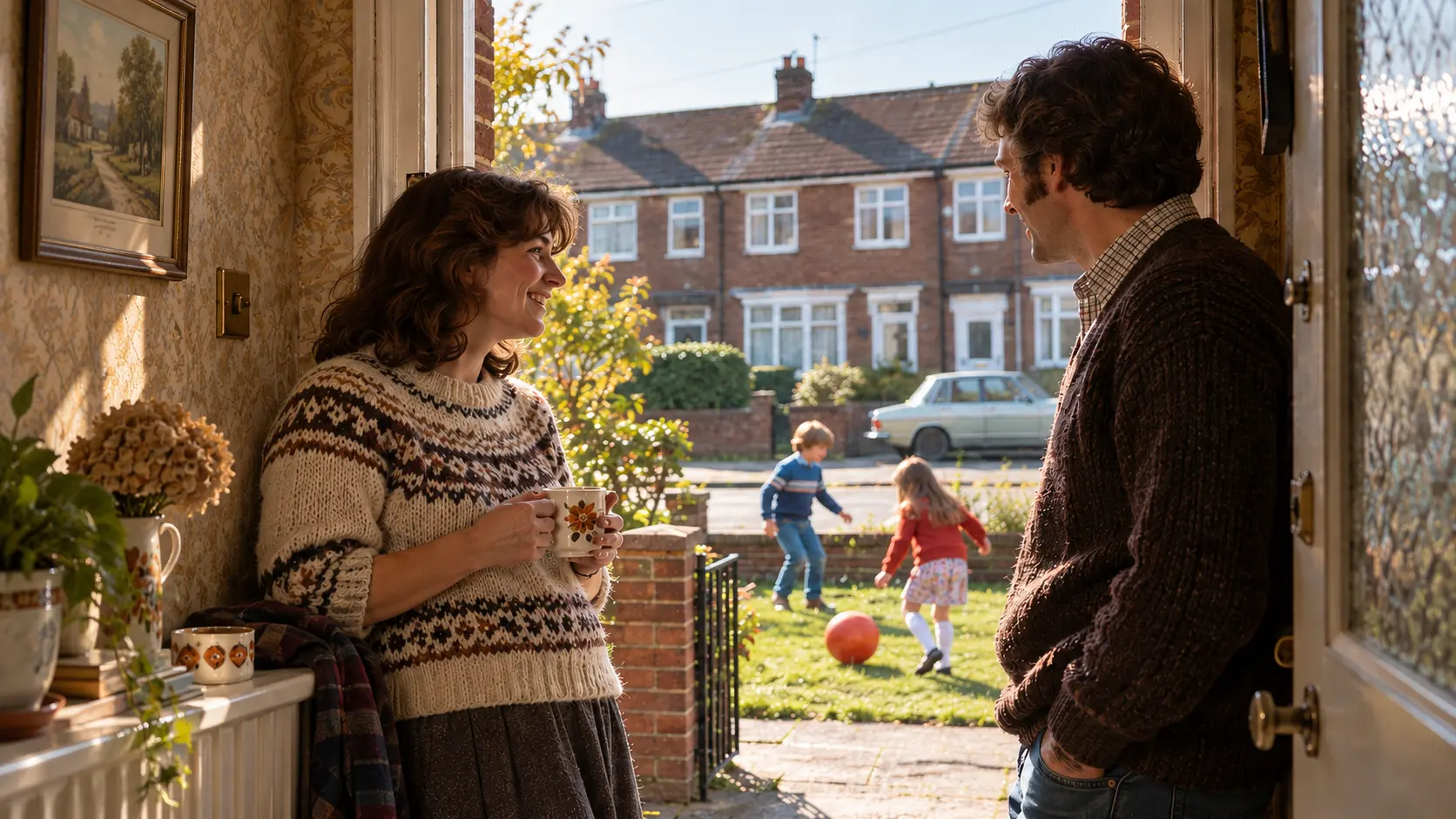 Neighbours talking over tea at the doorway of a British family home while children play outside
