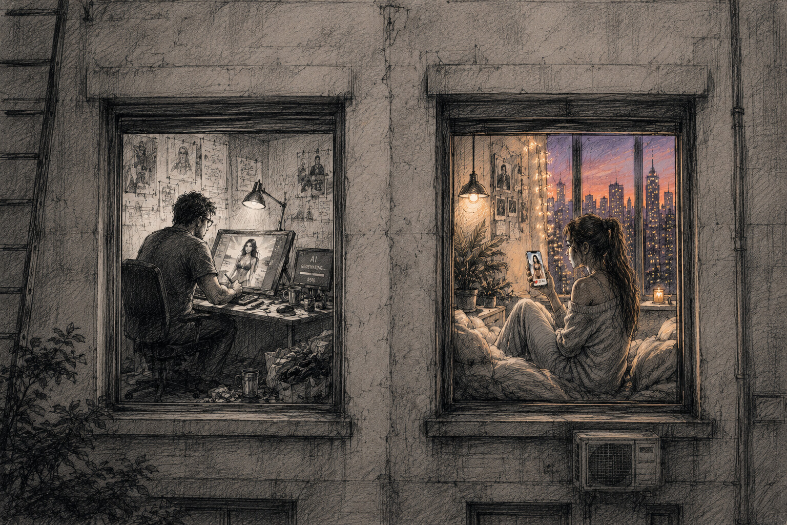 Two neighbouring windows: an AI creator generating a synthetic person and a woman viewing social media