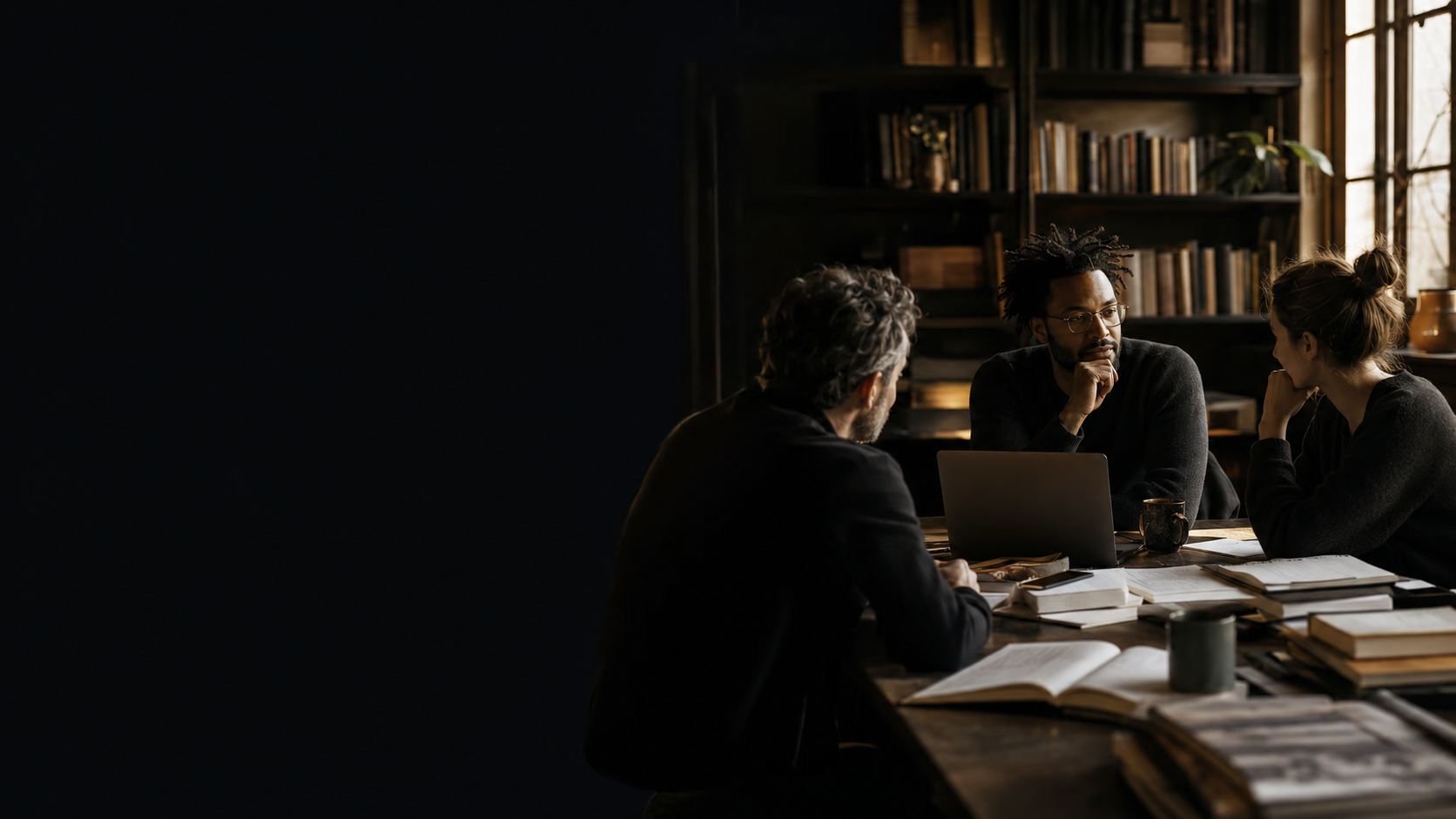 A diverse group of contributors gathered around a table in discussion