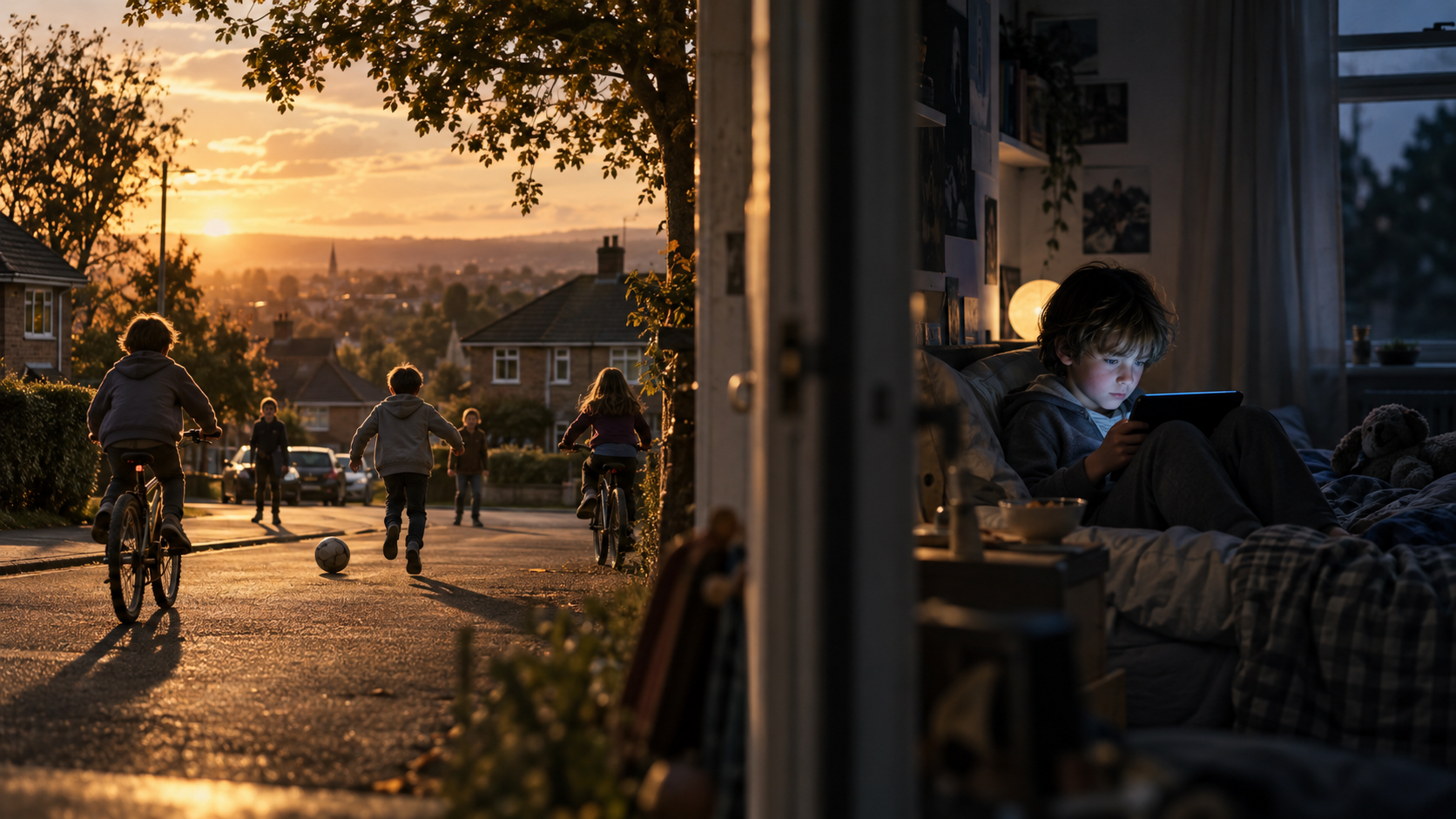 Split scene showing children cycling and playing football outdoors at sunset beside a child alone in bed using a tablet
