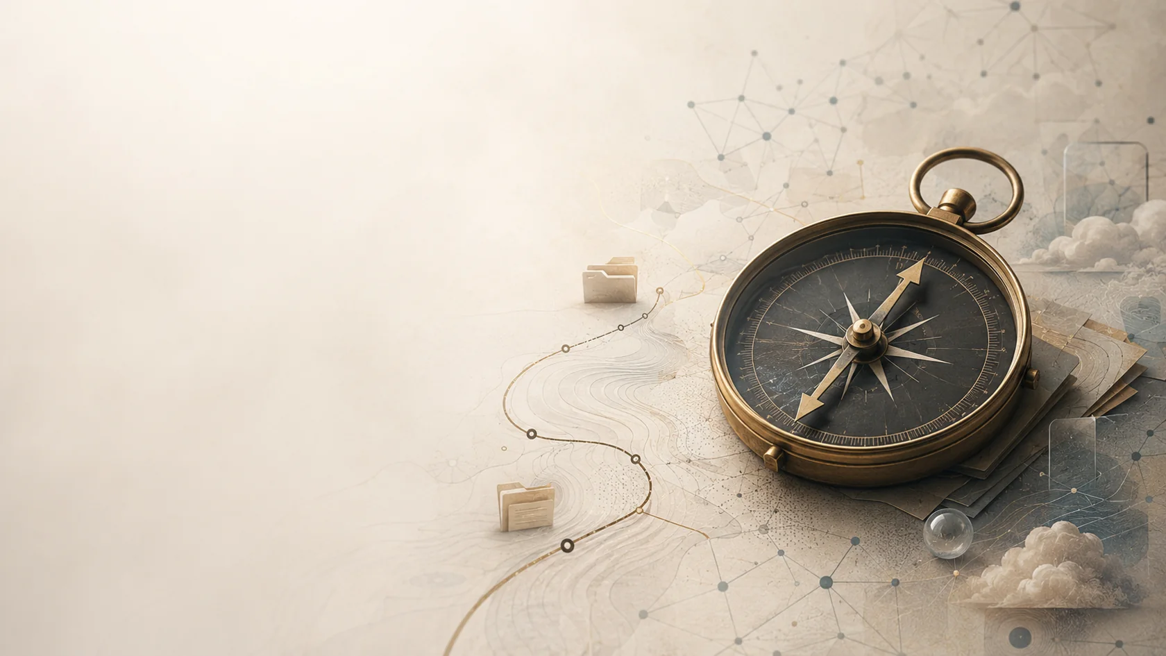 A brass compass charting a route through an abstract digital landscape