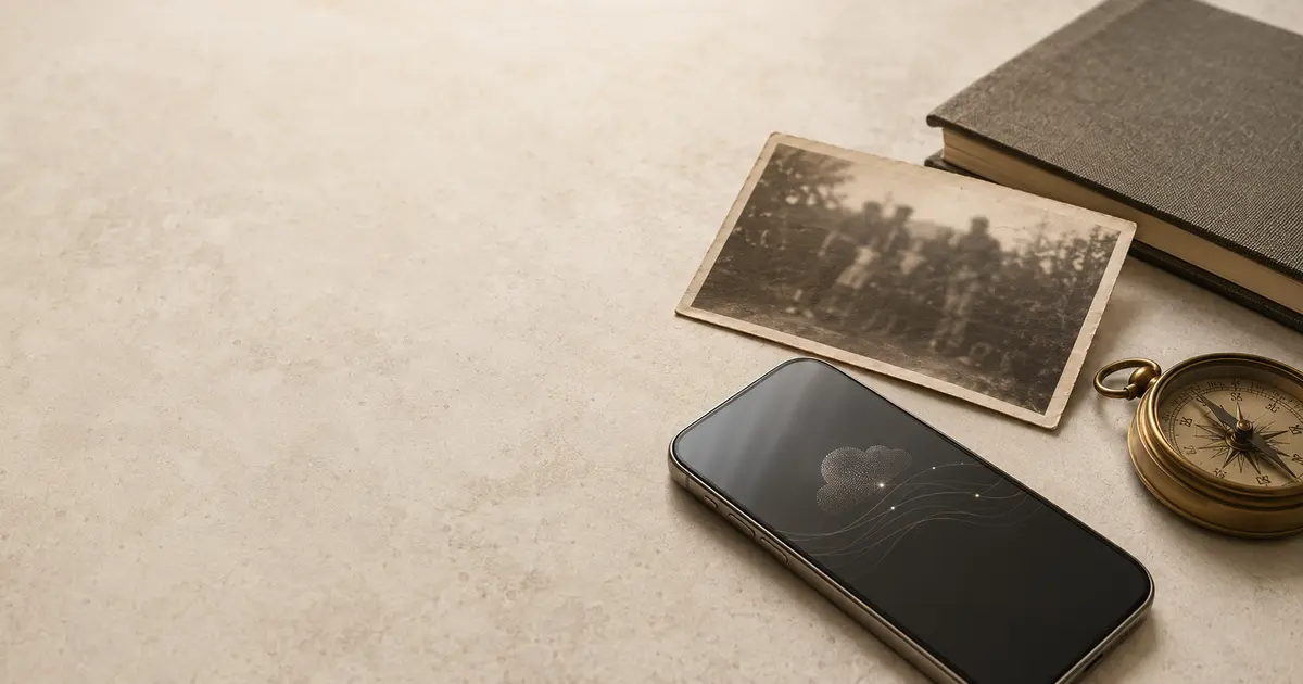 A family photograph, notebook, smartphone and brass compass arranged as a bridge between physical memory and digital life